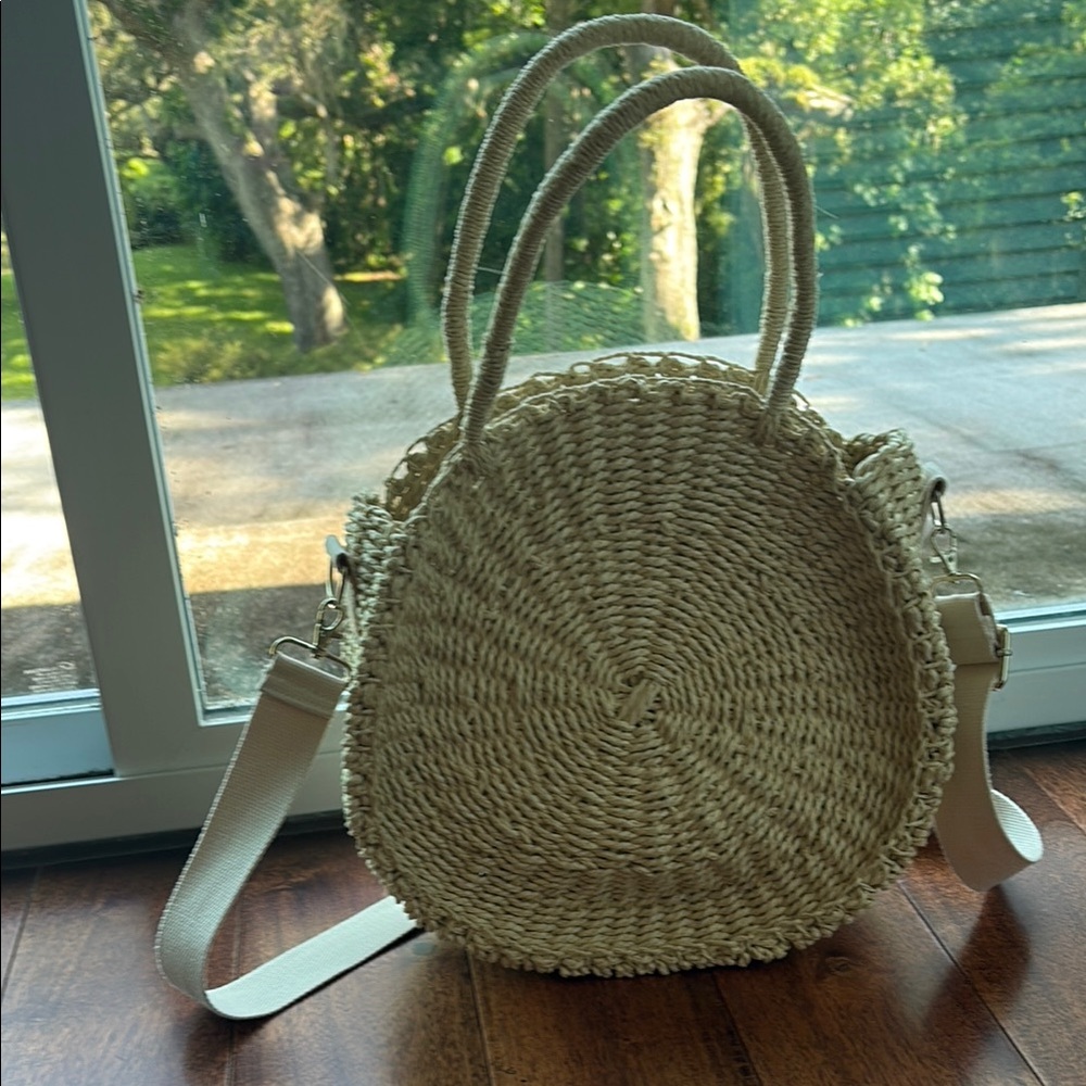 Beige Woven Round Tote Bag